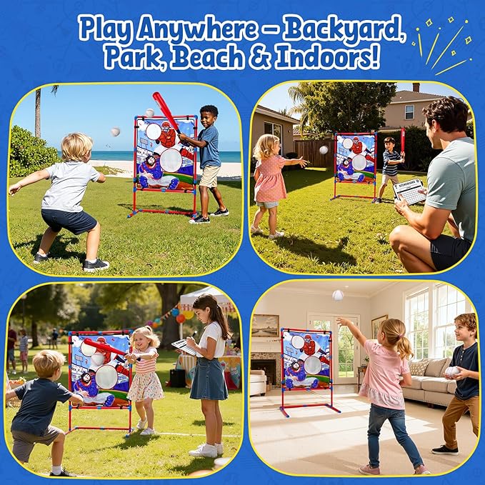JoyCat Baseball Games for Kids,Toddler Baseball Practice Equipment with Adjustable Height Target for Throwing and Batting,Strike Zone,Tball Bat,4 Soft Balls,Easter Basket Stuffers for Boys Girls