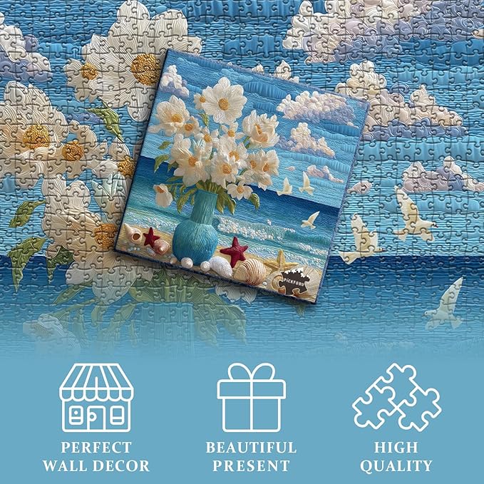 Beach Puzzles for Adults 1000 Piece, Flower Puzzles Ocean Seashells Bird, Floral Challenge Jigsaw Puzzle