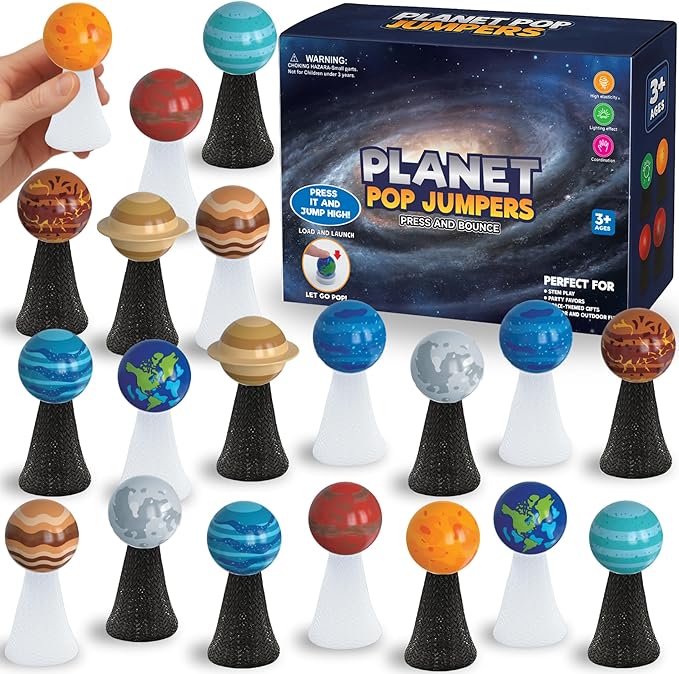 Liberty Imports Planet Pop Jumpers for Kids, 20 Pack Light-Up Solar System Popper Toys with Stars & Planets, Press and Pop Jumping Launchers, Outer Space Themed Party Favors Bulk Supplies