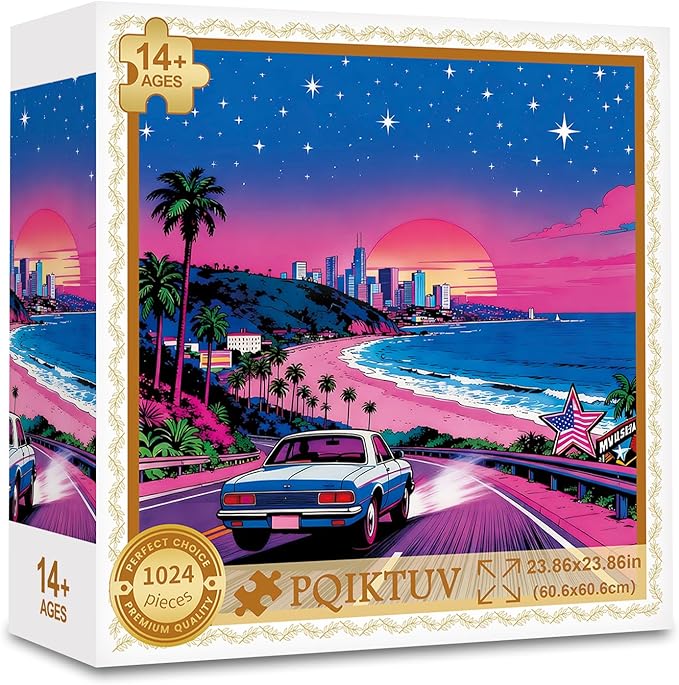 1024 Piece Adult Puzzle, Retro Neon Coastal City Sunset Jigsaw, Puzzles with Letter Markings, HD Poster, Nature Landscape Family Puzzles Wall Decor Gift for Retro Lovers Friends