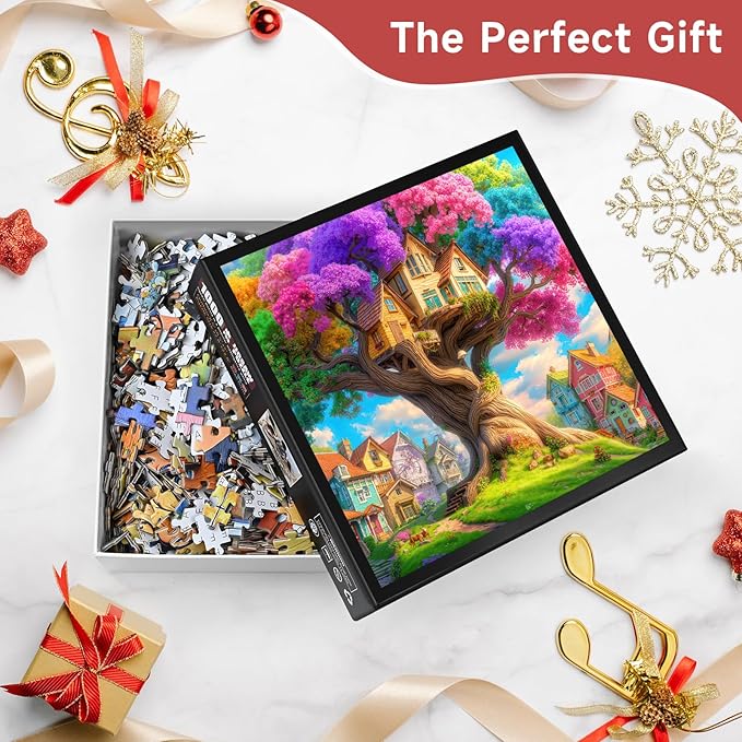 Magical Rainbow Treehouse 1000 Piece Jigsaw Puzzle for Adults - Fantasy Village Scene with Neon Foliage, Poster & Lettered Back, 22.8" Square HD Quality, Unique Gift for Fantasy & Art Lovers