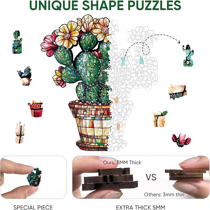 Delobil Stained Glass Cactus Wooden Puzzles for Adults, 500 Pieces Jigsaw Puzzles, Unique Shaped Royal Size Wood Puzzle Gift for Adults and Kids, Family Game 15.2'' x 17.7''