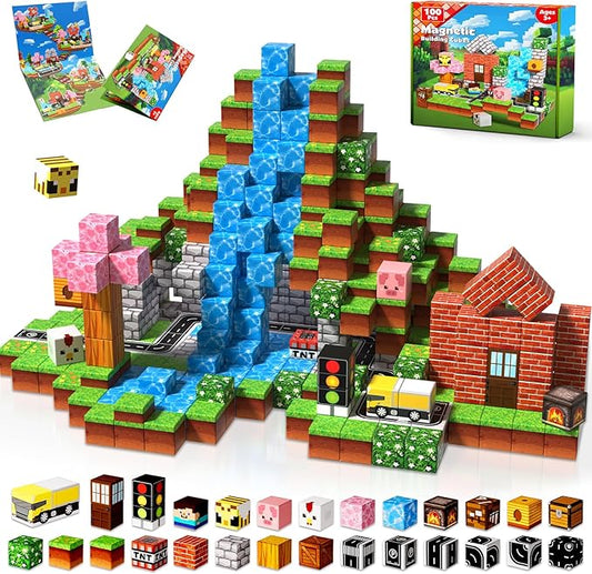 100 PCS 0.8in Magnetic Blocks - Easter Toys & Magnetic Building Blocks Cubes, Stacking Magnets, STEM Toys for School Acitivities, Birthday Gifts for Boys Age 3+ Years Old (Theme: Forests)