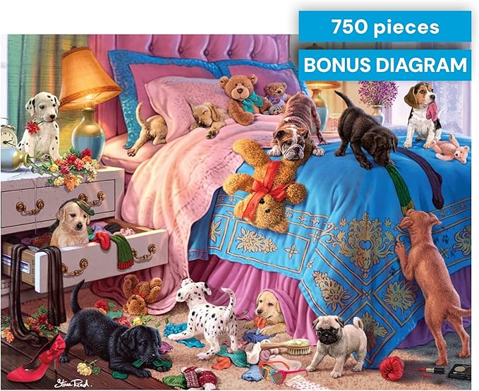 Buffalo Games - A Roomful of Naughty Puppies - Steve Read - 750 Piece Jigsaw Puzzle for Adults - Dog Lovers - Cute Puppy Puzzle with Bonus Poster - Finished Size 24.00 x 18.00 - Made in USA