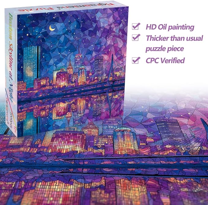 Bgraamiens 1000 Piece Jigsaw Puzzles for Adults – Boston Skyline at Night – Vibrant City Lights with Reflections – Challenging Urban Gift for Puzzle Lovers