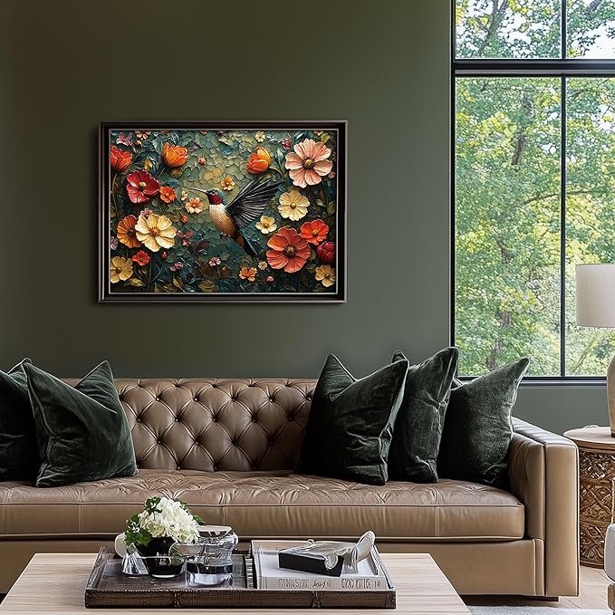Puzzles for Adults 1000 Pieces, Vintage Flower Hummingbird Jigsaw Puzzle 1000 Pieces, Retro Bird Nature Art Themed Hard Puzzles with Letters on Back for Family Game Gift, 1:1 Poster