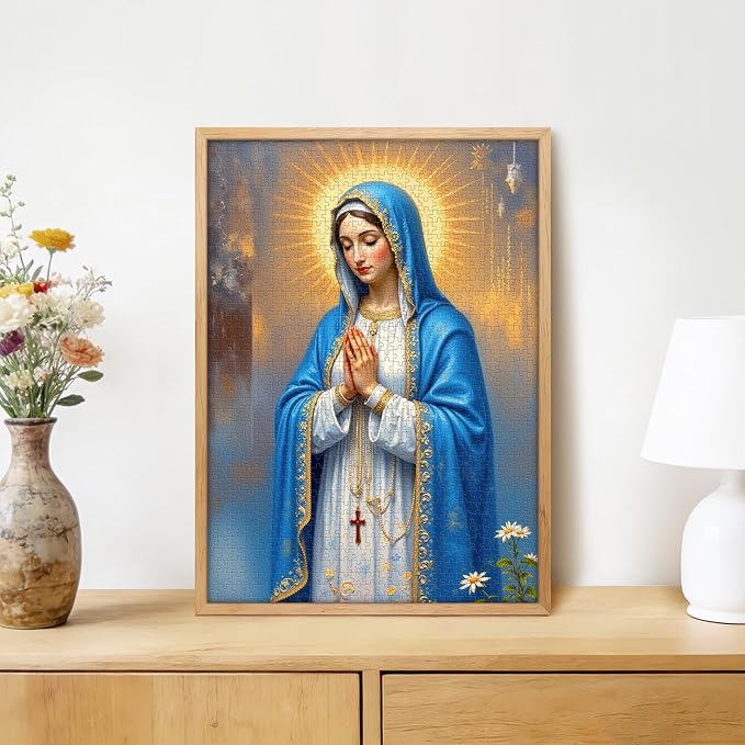 Blessed Virgin Mary 1000 Piece Jigsaw Puzzle for Adults - Inspirational Religious Scene with Halo & Rosary, Poster & Lettered Back, 20"x28" Vertical HD Quality, Unique Gift for Believers