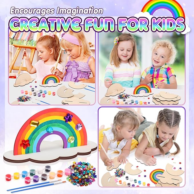 12 Sets Christmas Rainbow Painting Craft for Kids Party Favors, Art Wooden Painting Sets for Party Favors Brush Kit Return Gifts, Birthday Supplies Class Make Your Own Craft Kits