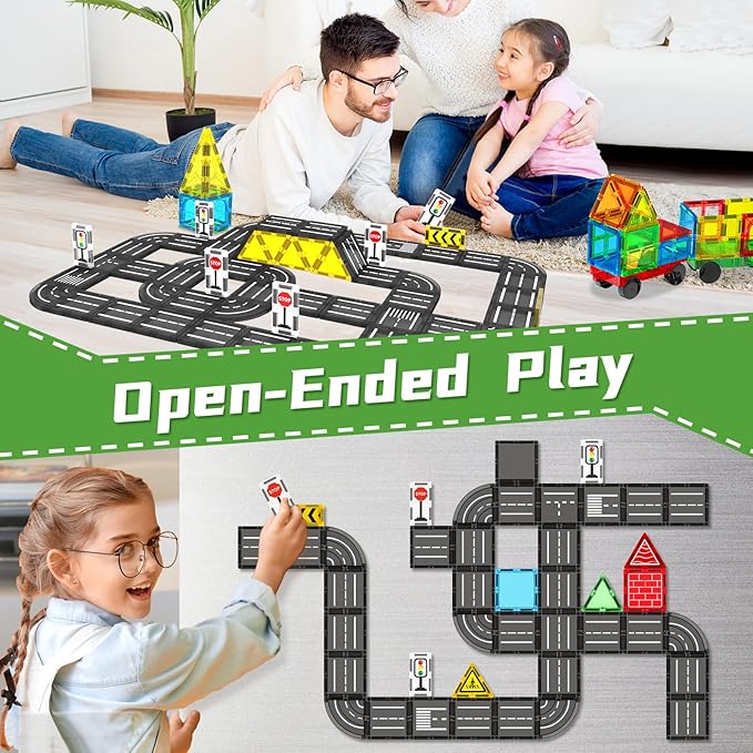 Magnetic Tiles Road Set, Magnet Tiles for Kids Ages 3-5 4-8 5-7, Magnetic Building Blocks Montessori Educational STEM Creativity Toys 3+ Year Old Boys & Girls Toddlers Kids Valentines day Gifts