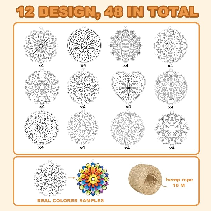 Bomichi Coloring Craft Kit - 48 Pcs Hanging Color Craft Kit & 32.8 Ft Hemp Rope for DIY Card, Traditional Festival Decor, School Activity Art Craft
