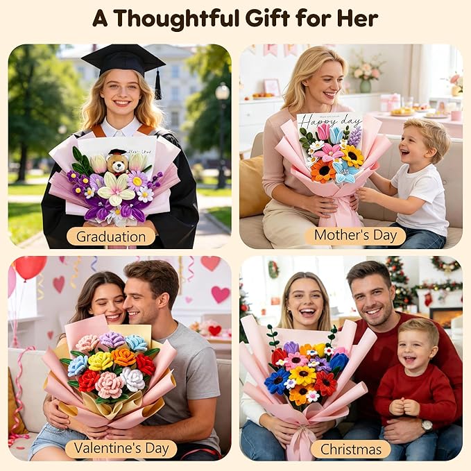 EARLY MINDS 800Pcs Pipe Cleaner Flower Bouquet Kit, 12 Colors Chenille Stems Craft Making Set with Floral Tape, Flower Stems, Gift Wrap & More, DIY Bouquet Handmade Gifts for Mother
