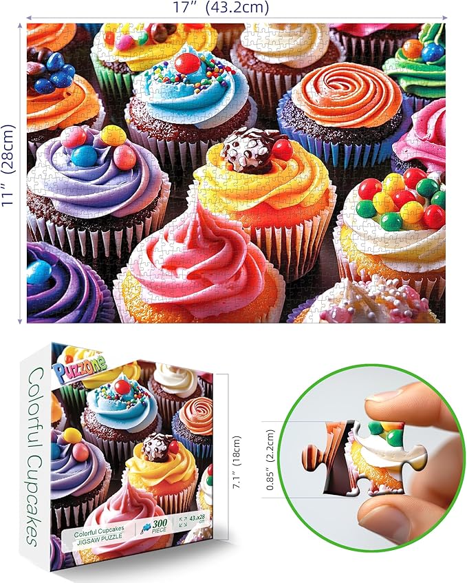 300 Piece Jigsaw Puzzle for Adults, Colorful Cupcakes Food Puzzles with Letters on Back for Youths Family and Adults Fun Party Challenging Food Family Decoration (17 x 11 in)