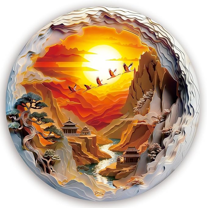 Round Jigsaw Puzzle 1000 Pieces - 3D Paper-Cut Style Golden Sunset - 26.6" Circular Challenge, Oriental Crane Landscape, Mindful Stress Relief Gift