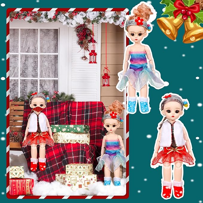 Sumind 14 Pieces Christmas Doll on Clothes Accessories Outfits Set Including Skirts, Bathrobe, Sleeping Bag, Fluffy Vest, Shirt, Scarf, Eye Cover and Boots for Xmas Doll Decor(Stylish Style)
