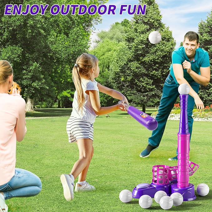 2 in 1 T Ball Sets for Kids 3-5,Tee Ball Set with 10 Balls,Step on Pitching Machine,Teeball Batting Tee,Baseball Toys Outdoor/Indoor Sport Toys Gift for 3 4 5 6 7 8 Year Old Kids Girls