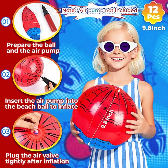 12 Pack Spider Theme Beach Ball 7.87" Inflatable Beach Balls for Summer Water Pool Games Blue and Red Spider Web Birthday Party Decorations Favors Under The Sea Party Decorations