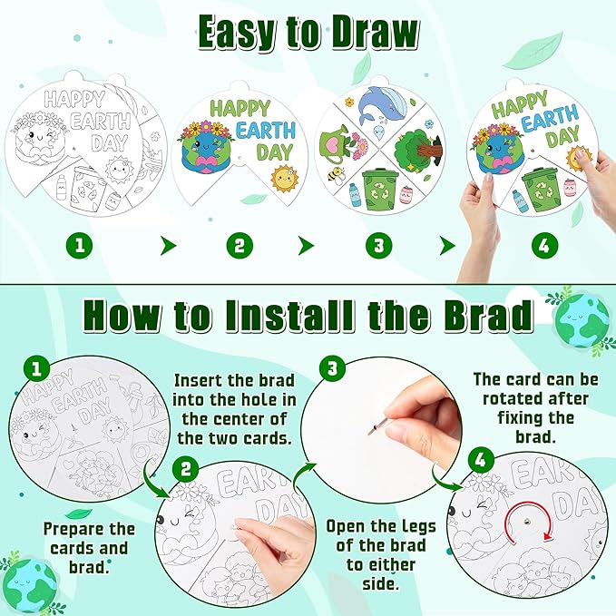 COcnny Earth Day Coloring Craft- 24 Sets Color Your Own Globe Art Craft DIY Wheel Cards for Kids, Happy Earth Day Paper Craft Art for School Home Class Event World Environment Activities