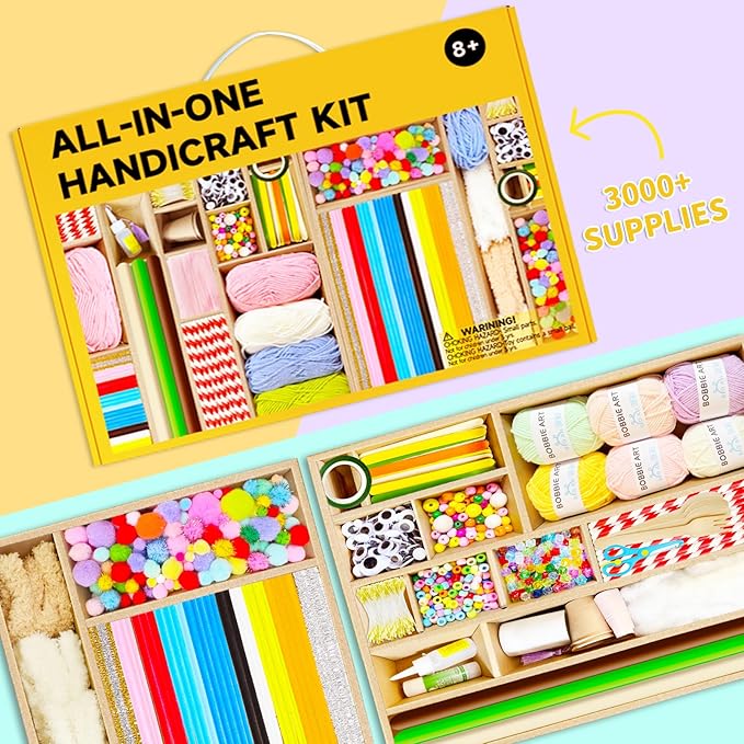 Fusihey Craft Supplies for Kids – Kids Craft Kit Box with 3000+ Pieces, Arts and Crafts Kit for Kids Ages 4‑8 & 8‑12, Storage Craft Box for Girls Boys, Bulk Art Materials Set Gift