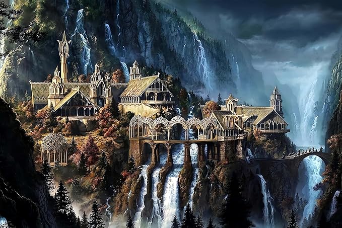Moruska Fantasy Puzzles for Adults 1000 Piece - Waterfall Castle - Movie Scene Middle Earth Jigsaw Puzzle Cool and Difficult 1000 Pieces Adult Puzzles