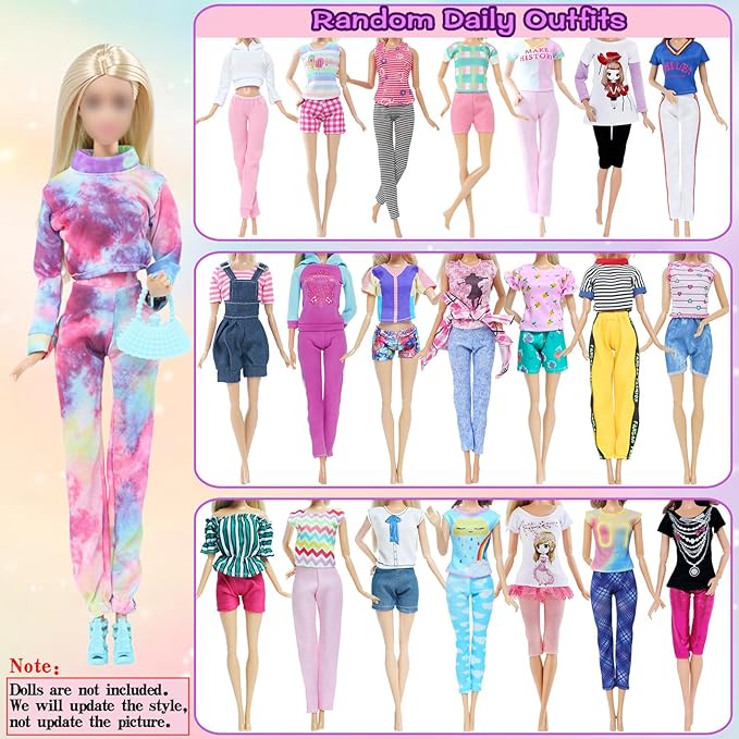 65 Pcs Doll Clothes and Accessories, 5 Fashion Dresses, 3 Wedding Gowns, 4 Outfits Top & Pant, 3 Swimsuits Bikini, 5 Slip Skirts, 20 Hangers, 20 Shoes, 5 Crowns for 11.5 Inch Girl Doll Clothing