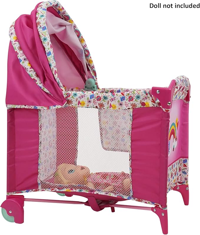 Baby Alive: Deluxe Doll Play Yard - Pink & Rainbow - Fits Dolls Up to 18", Retractable Canopy, Easy Maneuvering, Folds for Travel & Storage, Pretend Play for Kids Ages 3+