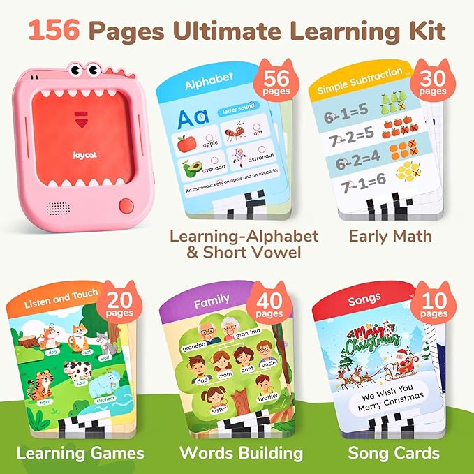 JoyCat Kids Learning Tablet, 156 Pages Tap-to-Read Flash Cards with 20 Interactive Games, Montessori Toy for Alphabet, Phonics, Words, Simple Math & Songs, Birthday Gifts for 2-6 Years Old