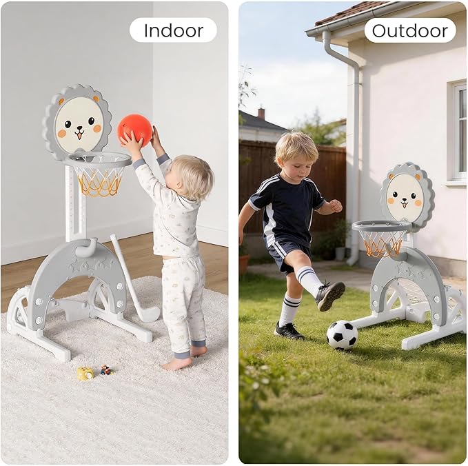 4-in-1 Toddler Basketball Hoop Adjustable Height Indoor Outdoor Sports Center for Kids Aged 1-3 Basketball, Soccer, Hockey & Ring Toss, Grey and White