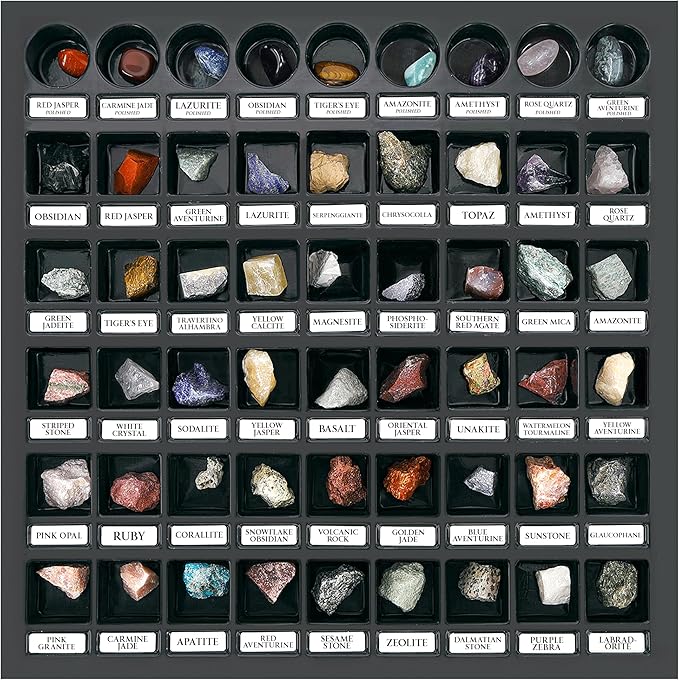 PIBEX Rock Collection Starter Kit - 54 Pcs Assorted Gemstones, Crystals, Rocks & Minerals, with Learning Book & ID Cards, Earth Science Kit Toy, A Geology Gift for Kids & Adults Ages 8+