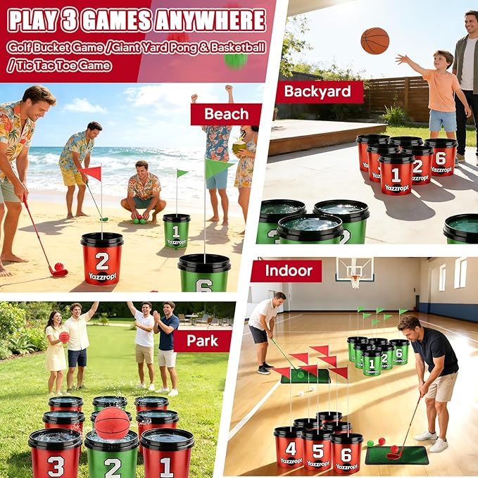 Giant 3-in-1 Outdoor Backyard Party Game Set – Bucket Golf, Yard Pong Basketball & Toss Games – Large Outdoor/Indoor Lawn Games for Adults & Families, Beach & Camping