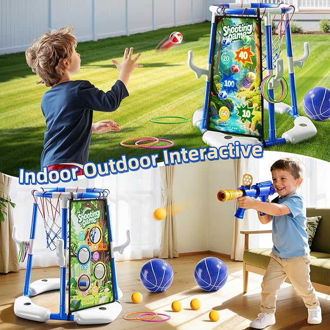 Pool Basketball Hoop, 4-in-1 Floating Pool Toys Ring Game with 4 Balls, Air Pump Launcher and Sticky Balls, Outdoor Swimming Pool Basketball Game Water Toy Family Party for Kids Age 3-12