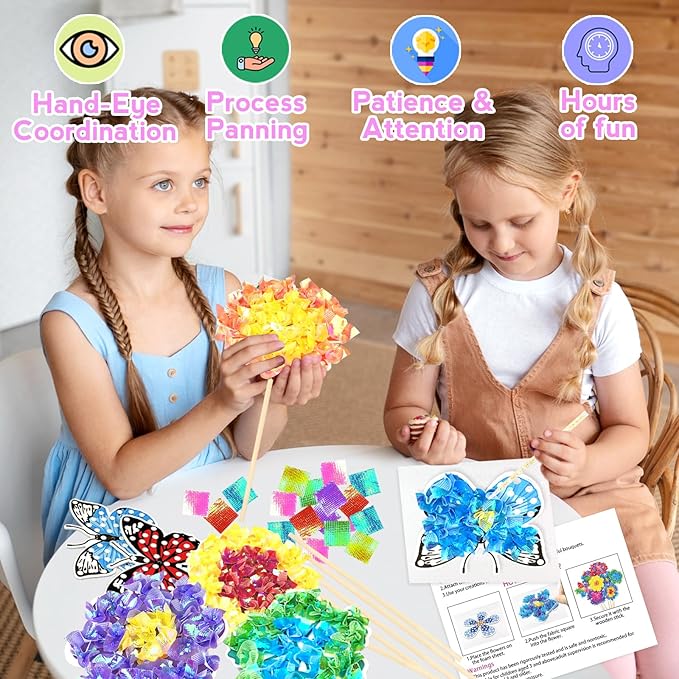 KIFHCMPR Poke in Fun Art Flower Bouquet Craft Kits for Kids,with 10 Flowers & 2 Butterflies,Arts and Crafts,Mess-Free Craft,DIY Art Activity Birthday Christmas Gifts Ideas for Girls & Boys Ages 4-10+
