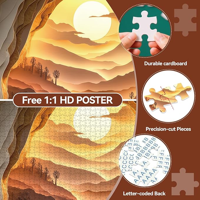 3D Visual Art Puzzles for Adults, 500 Piece Cave Sunset River Jigsaw Puzzle for Adults, Scenic Circular Landscape Puzzle 500 Pieces, Challenging Family Puzzle, 22 x 22 inches