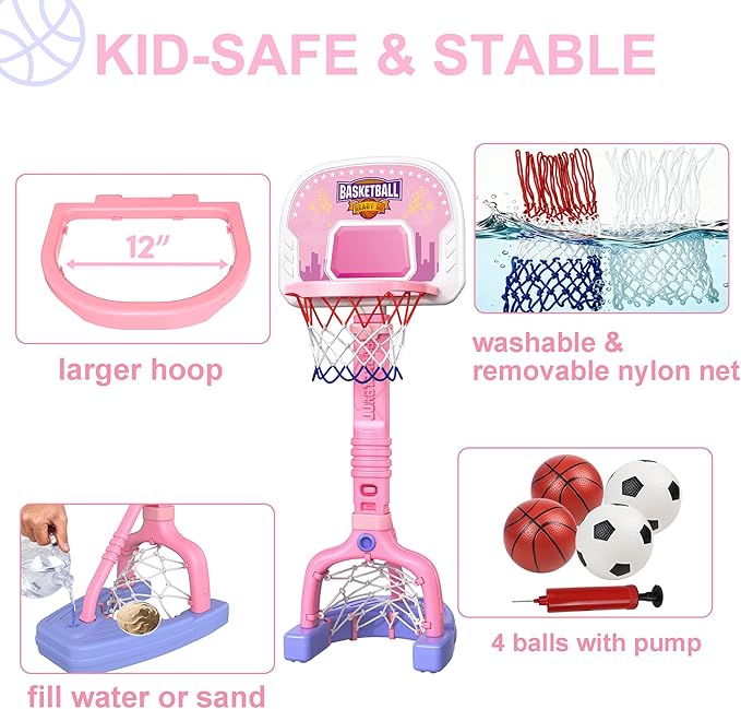 Toddler Basketball Hoop Indoor, 2-in-1 Adjustable Kids Basketball Hoop and Soccer Goal for Ages 1-3 3-5, Mini Baby Basketball Hoop Set with 4 Balls for Girls Child Indoor Outdoor Poolside Pink