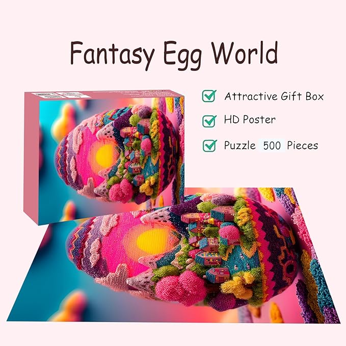 Puzzles for Adults 500 Pieces, Egg Jigsaw Puzzles - Fantasy Egg World, Impossible Colorful Country Decor Egg Puzzle for Seniors Families, 20.47x14.96 Inches, 1:1 Poster, Letter On The Back