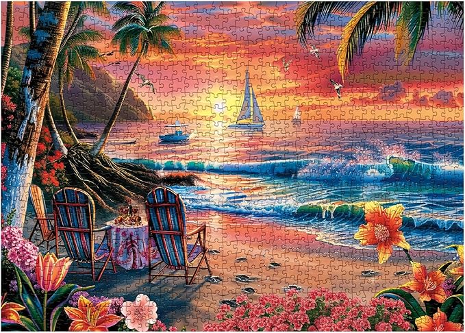 Summer Beach Ocean Puzzle 1000 Piece for Adults, Hawaii Nature Sunset Scenery Jigsaw Puzzle, Outdoor Camping Sailboat Puzzle