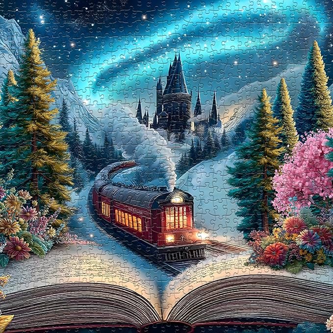 PICKFORU Train Puzzle for Adults 1000 Pieces, Fantasy Book Nature Plant Flower Puzzles,Forest Vintage Floral Scenery Jigsaw Puzzle Challenge