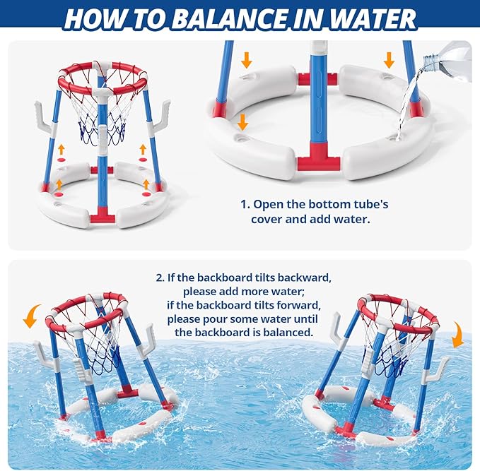 2 in 1 Pool Basketball Hoop with Backboard & Ring Toss Game, Floating Pool Toy - Anti-Tip Stable Base - with 4 Balls/8 Rings/Pump - Summer Water Indoor Outdoor Toy Gifts for Kids 4-8 & Adults, Red