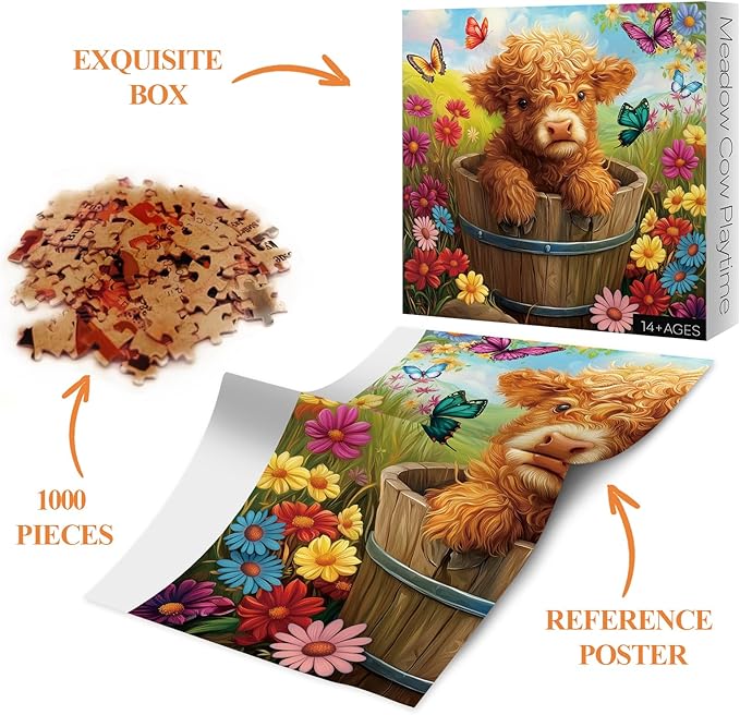 Highland Cow Sunflower Puzzle 1000 Piece for Adults, Colorful Flower Butterfly Jigsaw Puzzle, Animal Floral Scenery Puzzles