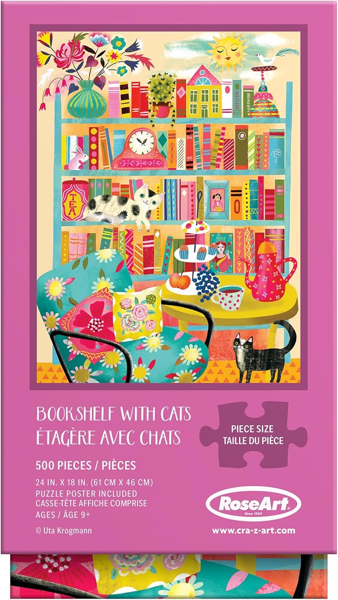 RoseArt - Vertical Visions - Bookshelf with Cats - 500 Piece Jigsaw Puzzle - Whimsical Cat-Filled Library Puzzle for Adults
