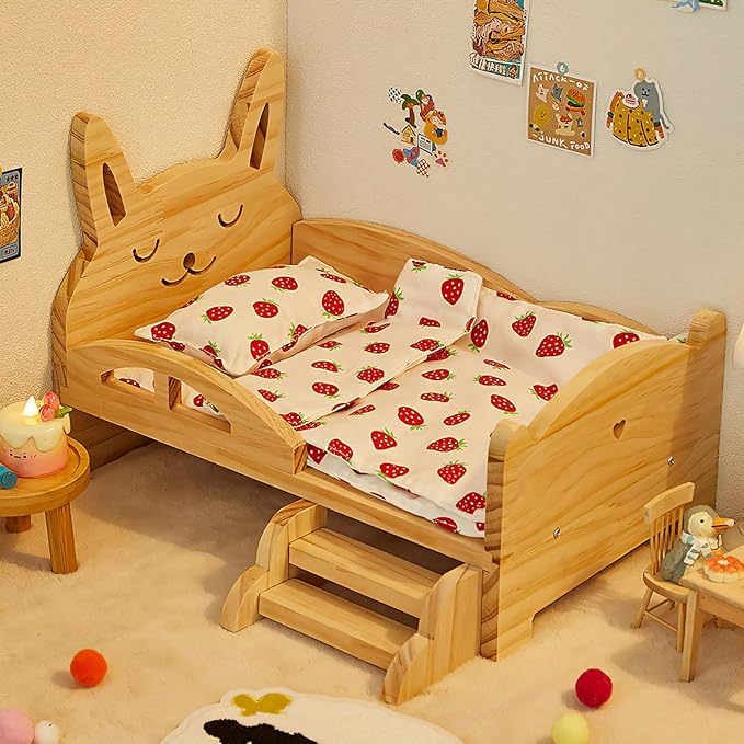 Wooden Bed Set for Labubu Doll, Accessories Include Side Ladder Mattress Pillow Blanket Strawberry Patterns, Dollhouse Furniture Decor for Room Collection