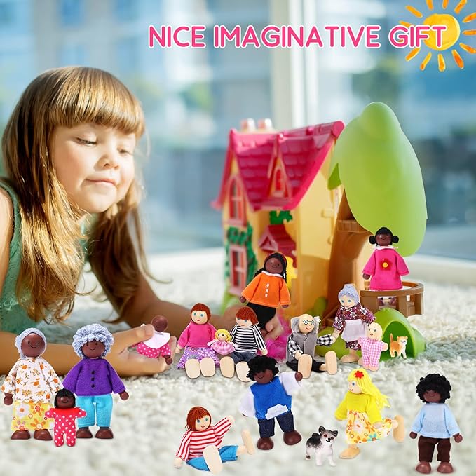 Skylety 20 Pcs Wooden Dollhouse Family Set of 16 Mini People Figures and 4 Pets, Wooden Dollhouse Dolls Cosplay Family Figures Accessories for Pretend Toy(Cute Style)