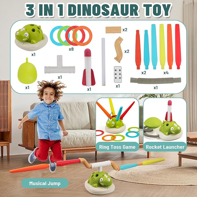 3-in-1 Dinosaur Rocket Launcher, Ring Toss & Musical Jumping Toy for Kids Aged 3-8 , Remote Control Outdoor & Indoor Toys for Boys and Girls , Birthday Gift for Boys & Girls Ages 4-8