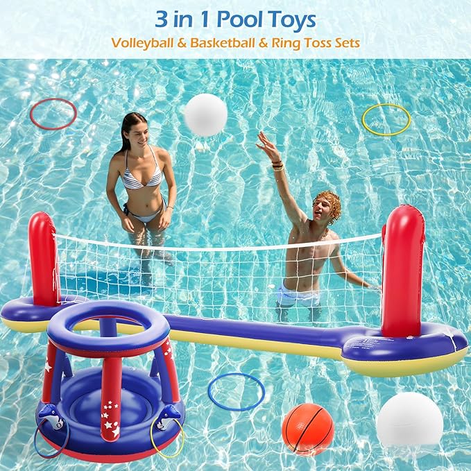 Jasonwell Pool Toys Games Set - 3 in 1 Pool Volleyball Net Basketball Hoop Ring Toss Game Inflatable Floats Water Floating Volleyball Swimming Pools Games Party Gift for Kids Adults (Red&Blue, L)