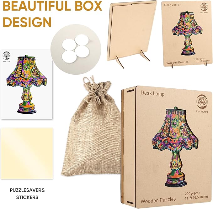 Mys Aurora Jigsaw Puzzles, Colorful Desk Lamp Puzzles for Adults, 200 Piece Unique Shape Vintage Wooden Puzzles for Adults and Kids, Fun Family Puzzle Game, 11.2 x 16.5 Inches