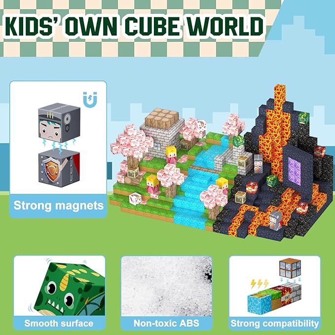 100PCS Magnetic Blocks - Magnet Cubes Toys Stacking, Build Mine Magnet World Magic Portal Set, STEM Montessori Stacking Toy for 3+ Year Old Boys&Girls (Forest and Castle)