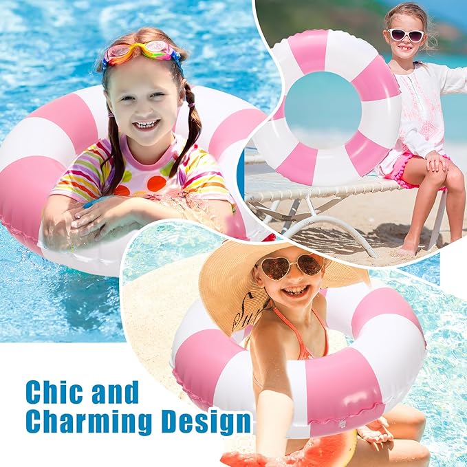Whaline 4Pcs Inflatable Swimming Float Toy Striped Swim Ring Fun Print Pool Lounger Tube for Summer Swimming Beach Party