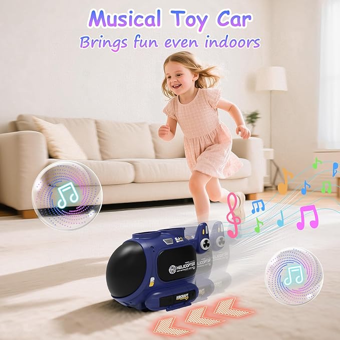 4-in-1 Music Jumping Toy Car,Dual Rotating Poles for Jumping & Dodging,Auto Flying Disc Launcher with Catching Net,Spinning Pole for Ring Toss,Kids outdoor toys,Games for Kids Boys and Girls (Blue)