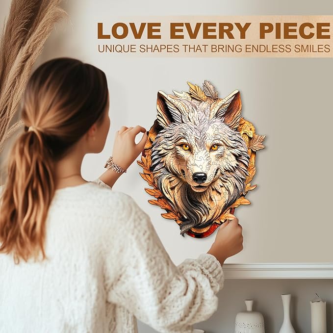 Wooden Puzzles for Adults, Eternal Wolf Jigsaw Puzzles, 135 Piece Unique Shaped Puzzle, Animal Shape Puzzle, Gifts for Adults/Friends/Family, Family Game，Wall Decor(11.4 * 9.3in)