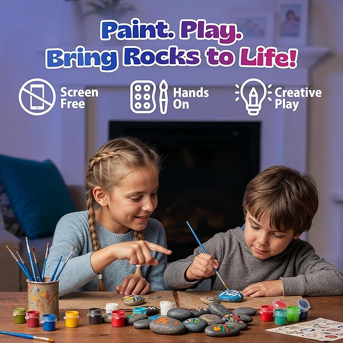 Pinwheel Crafts Rock Painting Kit for Kids Ages 6-12 –14 Rocks, 16 Acrylic Paints (Glow & Metallic), 2 Glitter Glues, Brushes, Stickers, Gems & Googly Eyes – Fun Kids Craft Kits for Boys & Girls