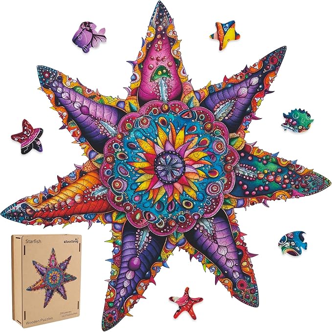 Qiuenisray Wooden Puzzles for Adults, Starfish Ocean Jigsaw Puzzles 200 Pieces, FSC Certified Unique Shape Animal Adult Puzzles, Unique Wood Puzzle, Best Gift for Family Game 14.3x14.3 in